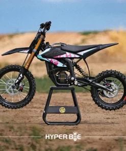 a black dirt bike on a stand